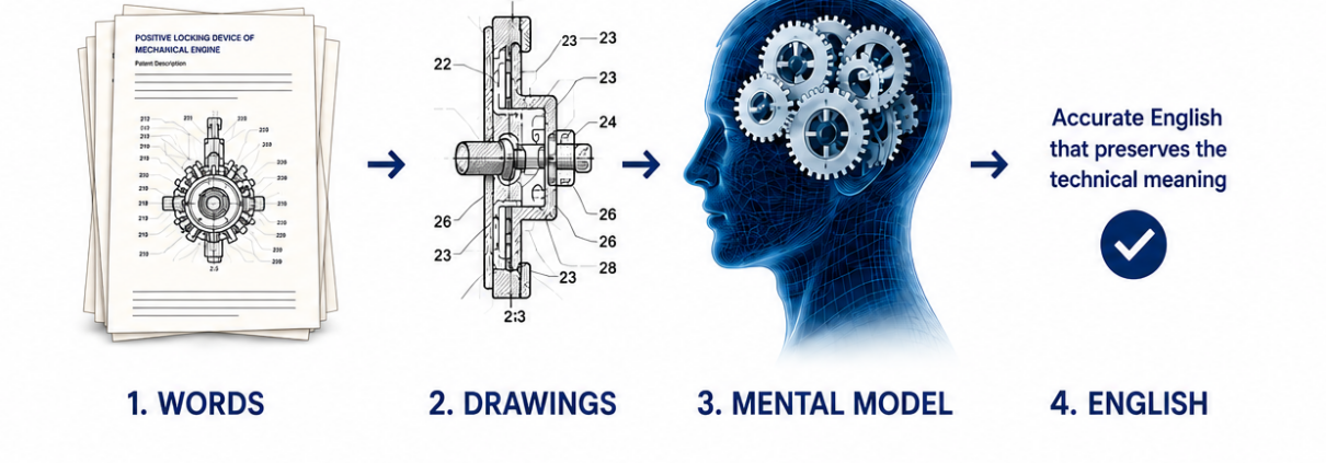 Illustration of a German patent translator using patent text and technical drawings to reconstruct an invention before translating it into English.