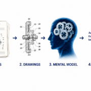 Illustration of a German patent translator using patent text and technical drawings to reconstruct an invention before translating it into English.