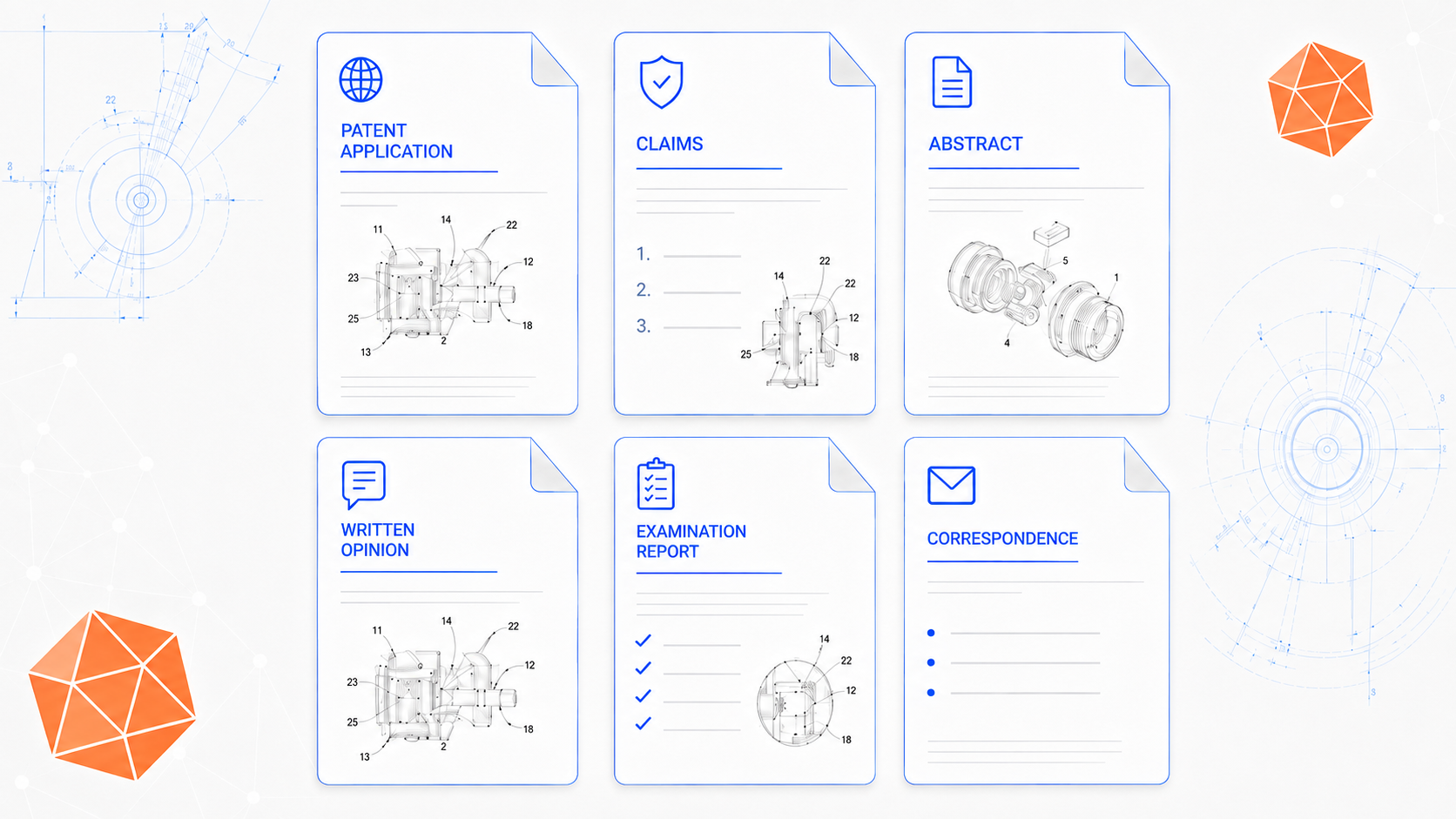 Patent applications, claims, abstracts, written opinions, examination reports and correspondence