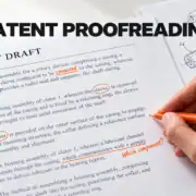 Patent draft with orange proofreading annotations highlighting inconsistent terminology and an unclear reference, beside a technical drawing.