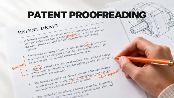 Patent proofreading: five checks for clearer applications Patent draft with orange proofreading annotations highlighting inconsistent terminology and an unclear reference, beside a technical drawing.