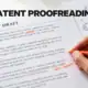 Patent draft with orange proofreading annotations highlighting inconsistent terminology and an unclear reference, beside a technical drawing.