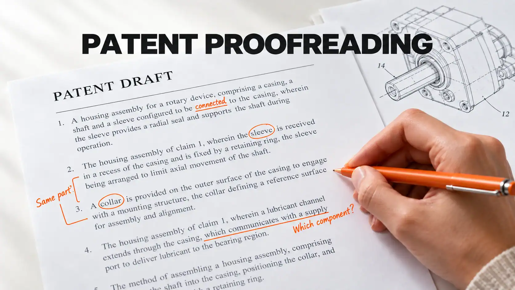Patent proofreading: five checks for clearer applications Patent draft with orange proofreading annotations highlighting inconsistent terminology and an unclear reference, beside a technical drawing.