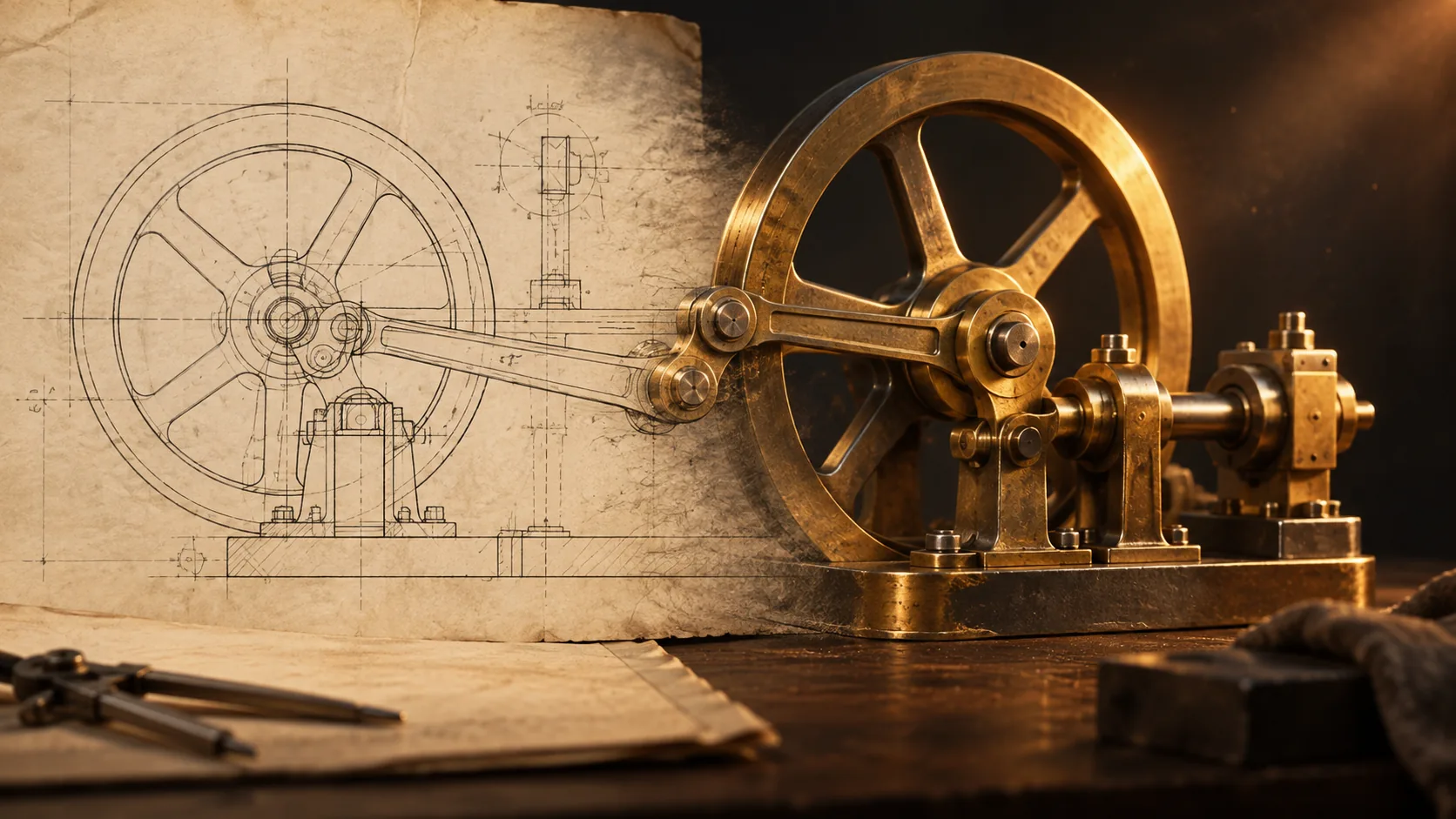 Patent drawing and reconstructed mechanical invention for Patents Brought to Life